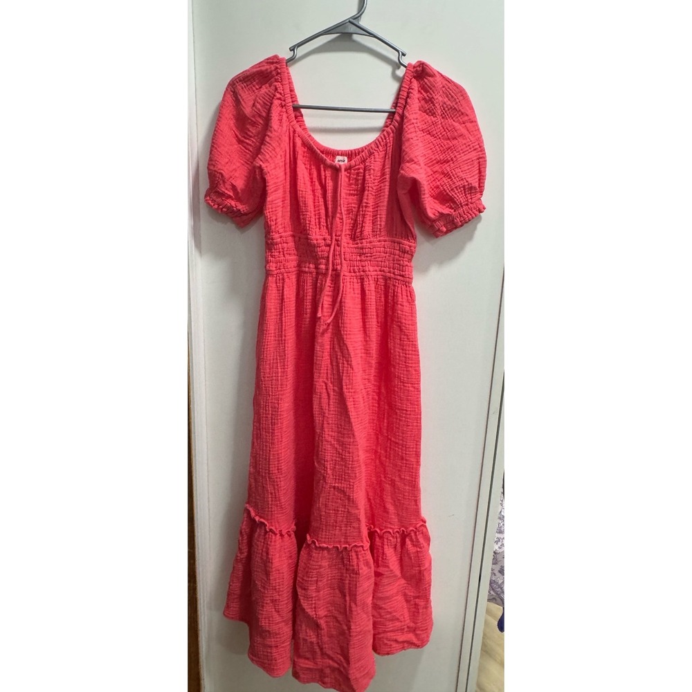 Aerie Coral Pink Gauze Puff Sleeve Smocked Tiered Midi Dress Womens Small